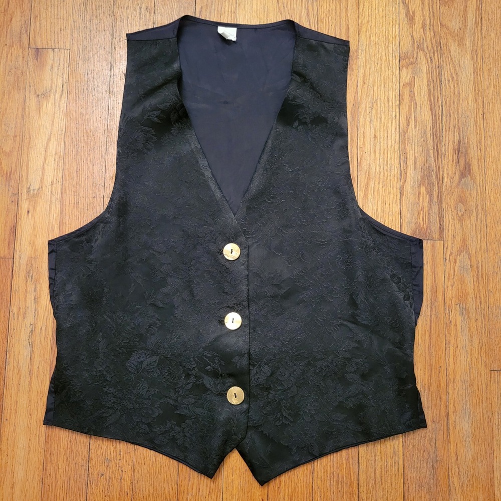 Baar Beards M Vest Black Floral Jacquard Gold Button Goth Academia Coquette USA